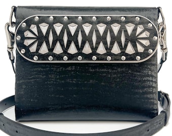 Black Chinchilla Square Arrow Motif Bag | Lasercut Designer Handbag | Black Crossbody | Vegan Leather Purse | Handmade in USA by Mohop