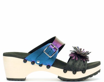 Peacock Mid Heel Clog Sandals, Blue Iridescent Vegan Leather Mules with Flower Toe, Handmade Wooden Clogs with Arch Support - Made in USA