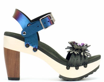 High Heel Flower Toe Ankle in Midnight and Peacock - Vegan Sandals - Made in USA by Mohop