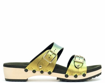 Low Clog Buckle Toe Mule in Scarab - Vegan Sandals - Made in USA by Mohop