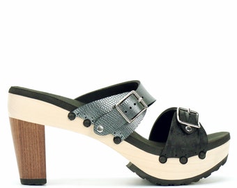 High Heel Buckle Toe Mule in Midnight and Pewter - Vegan Sandals - Made in USA by Mohop