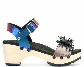 Peacock Mid Ankle Clogs, Blue Iridescent Ankle Strap and Flower Toe, Handmade Women's Clogs with Arch Support, Open Toe Clogs - Made in USA