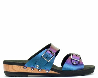 Low Wedge Buckle Toe Mule in Peacock - Vegan Sandals - Made in USA by Mohop