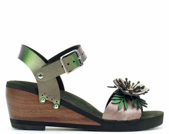 Mid Wedge Flower Toe Ankle in Rose and Emerald - Vegan Sandals - Made in USA by Mohop