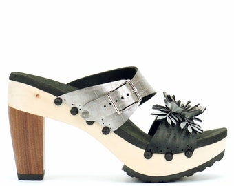 High Heel Flower Toe Mule in Midnight and Croc - Vegan Sandals - Made in USA by Mohop