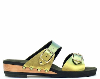 Low Wedge Buckle Toe Mule in Scarab - Vegan Sandals - Made in USA by Mohop