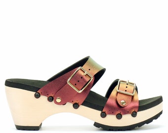 Ruby Mid Mule Clog Sandals, Red Iridescent Mule Strap and Buckle Toe, Handmade Womens Clogs with Arch Support, Open Toe Clogs - Made in USA