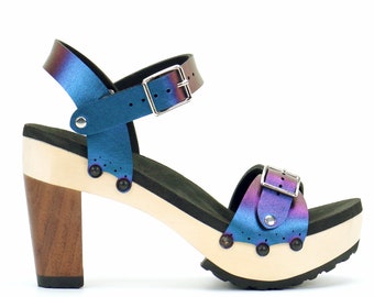 High Heel Buckle Toe Ankle in Peacock - Vegan Sandals - Made in USA by Mohop