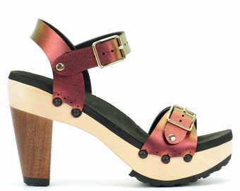 High Heel Buckle Toe Ankle in Ruby - Vegan Sandals - Made in USA by Mohop