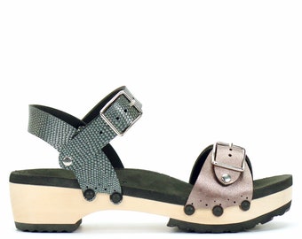 Low Clog Buckle Toe Ankle in Rose and Pewter - Vegan Sandals - Made in USA by Mohop