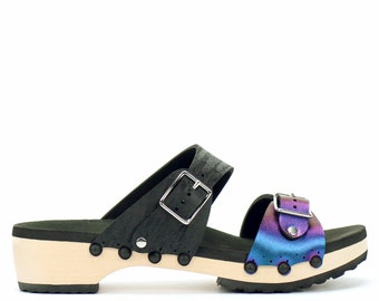 Low Clog Buckle Toe Mule in Peacock and Midnight - Vegan Sandals - Made in USA by Mohop