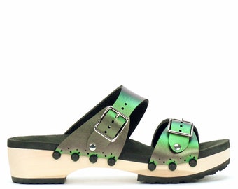 Low Clog Buckle Toe Mule in Emerald - Vegan Sandals - Made in USA by Mohop