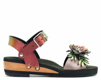 Low Wedge Flower Toe Ankle in Rose and Ruby - Vegan Sandals - Made in USA by Mohop
