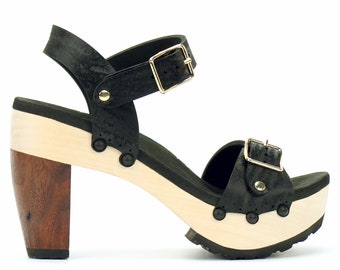 High Heel Buckle Toe Ankle in Midnight - Vegan Sandals - Made in USA by Mohop