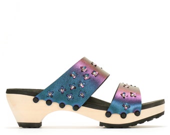 Mid Clog Floret in Peacock, Tapered Heel, Wide, Narrow, Half, Extended Sizes, Arch Support, Comfort, Vegan Iridescent Leather - Made in USA