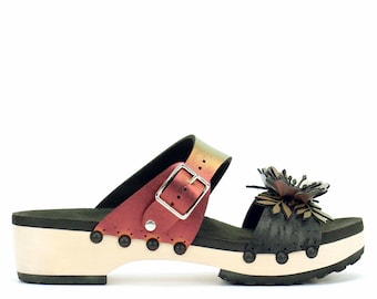 Low Clog Flower Toe Mule in Midnight and Ruby - Vegan Sandals - Made in USA by Mohop