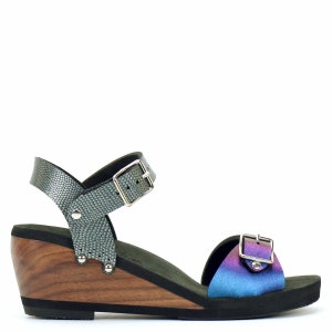 Mid Wedge Buckle Toe Ankle in Peacock and Pewter - Vegan Sandals - Made in USA by Mohop