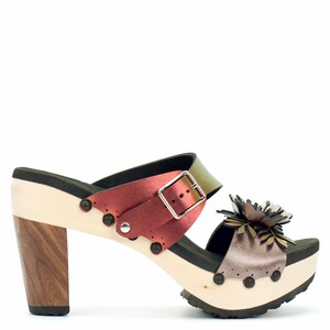 High Heel Flower Toe Mule in Rose and Ruby - Vegan Sandals - Made in USA by Mohop