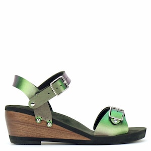 Mid Wedge Buckle Toe Ankle in Emerald - Vegan Sandals - Made in USA by Mohop