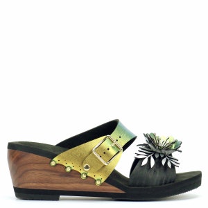 Mid Wedge Flower Toe Mule in Midnight and Scarab - Vegan Sandals - Made in USA by Mohop