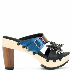 High Heel Flower Toe Mule in Midnight and Peacock - Vegan Sandals - Made in USA by Mohop