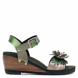 Mid Wedge Flower Toe Ankle in Rose and Emerald - Vegan Sandals - Made in USA by Mohop