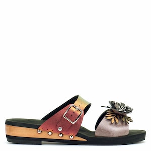 Low Wedge Flower Toe Mule in Rose and Ruby - Vegan Sandals - Made in USA by Mohop