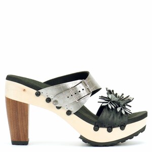 High Heel Flower Toe Mule in Midnight and Croc - Vegan Sandals - Made in USA by Mohop