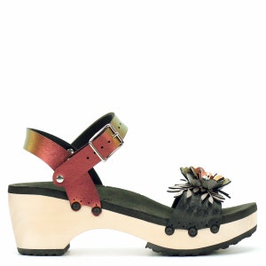 Ruby Mid Ankle Clog Sandals, Red Iridescent Ankle Strap Clogs with Flower Toe, Vegan Handmade Women&#39;s Clogs with Arch Support - Made in USA