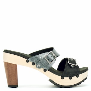 High Heel Buckle Toe Mule in Midnight and Pewter - Vegan Sandals - Made in USA by Mohop