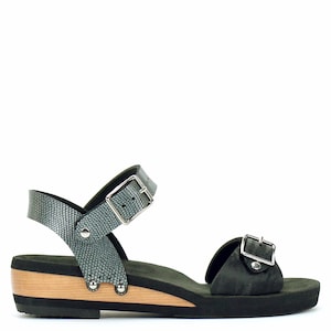Low Wedge Buckle Toe Ankle in Midnight and Pewter - Vegan Sandals - Made in USA by Mohop