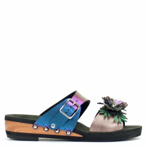 Low Wedge Flower Toe Mule in Rose and Peacock - Vegan Sandals - Made in USA by Mohop