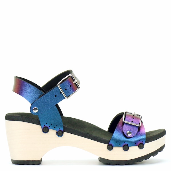 Peacock Mid Ankle Clog Sandal, Blue Iridescent Ankle Strap and Buckle Toe, Vegan Handmade Clogs with Arch Support, Non Leather - Made in USA