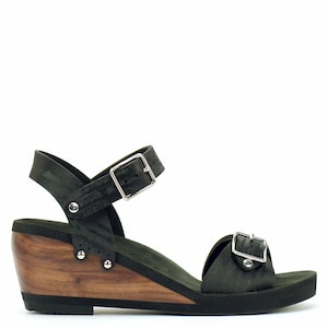 Mid Wedge Buckle Toe Ankle in Midnight - Vegan Sandals - Made in USA by Mohop