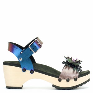 Peacock Mid Ankle Clogs, Blue Iridescent Ankle Strap and Flower Toe, Handmade Women&#39;s Clogs with Arch Support, Open Toe Clogs - Made in USA