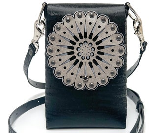 Black Chinchilla Bubble Motif Mobile Bag | Black Cell Phone/Travel Bag | Designer Handbag | Vegan Leather Purse | Handmade in USA by Mohop
