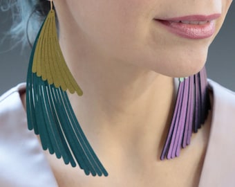 Vegan Leather Wing Fringe Earrings, Teal Gold Jewelry, Interchangeable Earrings, Faux Leather Feather Jewelry, Lightweight Dangle Earring