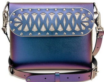 Peacock Square Arrow Motif Bag | Lasercut Designer Handbag | Blue Iridescent Crossbody | Vegan Leather Purse | Handmade in USA by Mohop