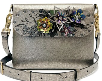 Gold Shagreen Square Flower Bag | 3D Floral Designer Handbag | Gold Stingray Crossbody | Vegan Leather Purse | Handmade in USA by Mohop