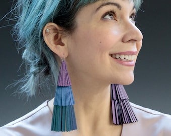 Vegan Leather Fringe Earrings, Teal Blue Purple Jewelry, Interchangeable Earrings, Faux Leather Vegan Jewelry, Lightweight Dangle Earring