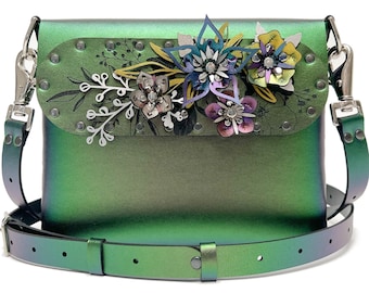 Emerald Square Flower Bag | 3D Floral Designer Handbag | Green Iridescent Crossbody | Vegan Leather Purse | Handmade in USA by Mohop