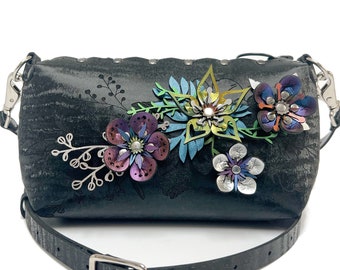 Black Chinchilla Flower Mini Bag | Floral Crossbody Bag | Black Vegan Leather Pouch | Zipper Top Flower Bag | Designer Handbag Made in USA