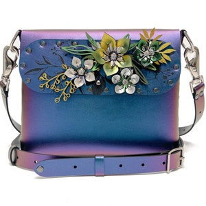 Peacock Square Flower Bag | 3D Floral Designer Handbag | Blue Iridescent Crossbody | Vegan Leather Purse | Handmade in USA by Mohop