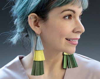 Vegan Leather Fringe Earrings, Green Gold Blue Jewelry, Interchangeable Earrings, Faux Leather Vegan Jewelry, Lightweight Dangle Earring