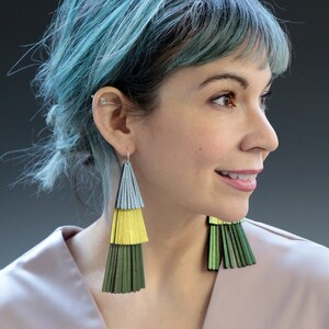 Vegan Leather Fringe Earrings, Green Gold Blue Jewelry, Interchangeable Earrings, Faux Leather Vegan Jewelry, Lightweight Dangle Earring