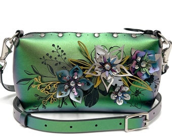 Emerald Flower Mini Bag | Floral Crossbody Bag | Green Iridescent Vegan Leather Pouch | Zipper Top Flower Bag | Designer Handbag Made in USA