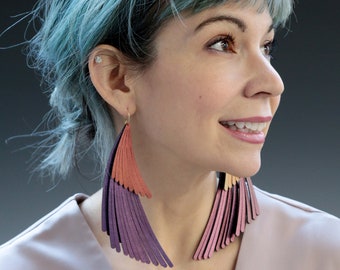 Vegan Leather Wing Fringe Earrings, Purple Red Jewelry, Interchangeable Earrings, Faux Leather Feather Jewelry, Lightweight Dangle Earring
