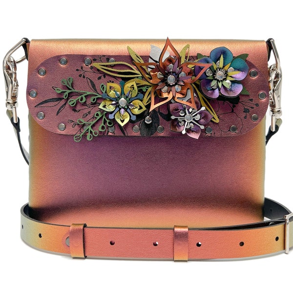 Ruby Square Flower Bag | 3D Floral Designer Handbag | Red Iridescent Crossbody | Vegan Leather Purse | Handmade in USA by Mohop