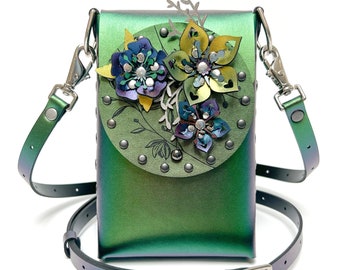 Emerald Flower Mobile Bag | Green Iridescent Cell Phone and Travel Bag | Vegan | Handmade in USA by Mohop