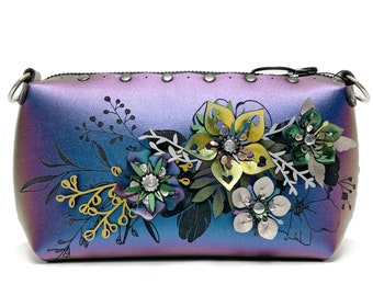 Peacock Flower Mini Bag | Floral Crossbody Bag | Iridescent Vegan Leather Pouch | Zipper Top Flower Bag | Designer Handbag Made in USA